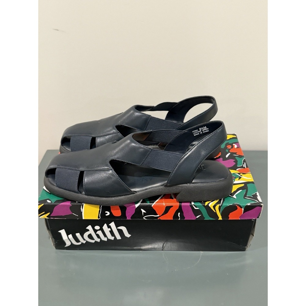 Judith Navy Rachel Leather Slingback Sandal Women 8.5 Blue Fisherman Flat NWB